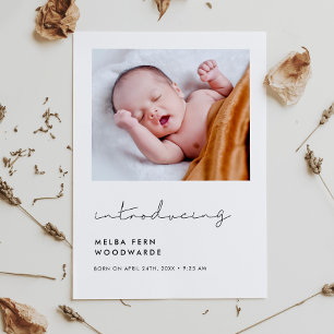 Handwritten minimalist Introducing new baby photo Announcement