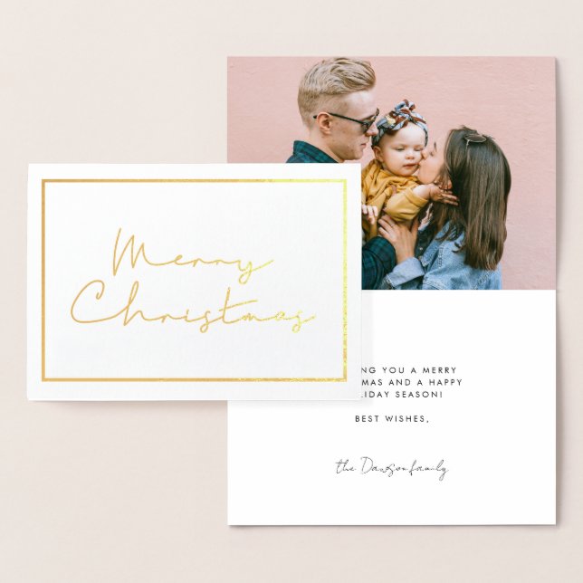 Handwritten minimalist Merry Christmas photo gold Foil Card (Display)
