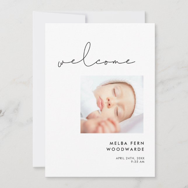 Handwritten minimalist Welcome new baby photo Announcement (Front)