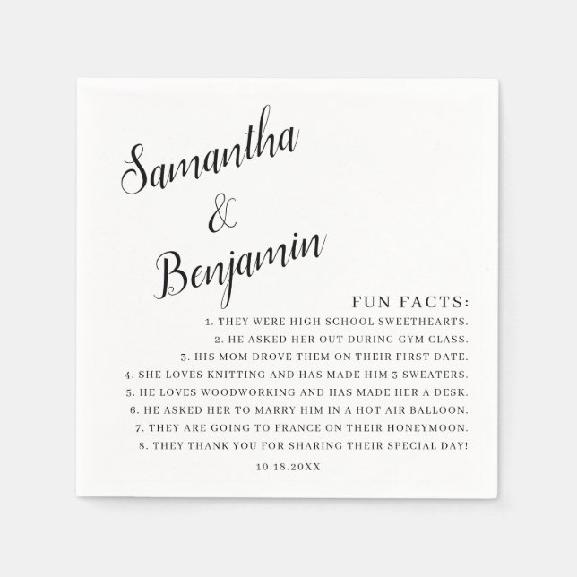 Handwritten Modern Black & White Fun Facts Wedding Napkin (Front)