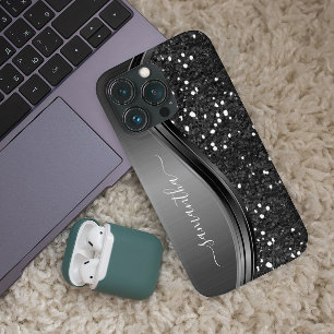 Handwritten Monogram Elegant Black Metal Glitter iPhone 12 Case