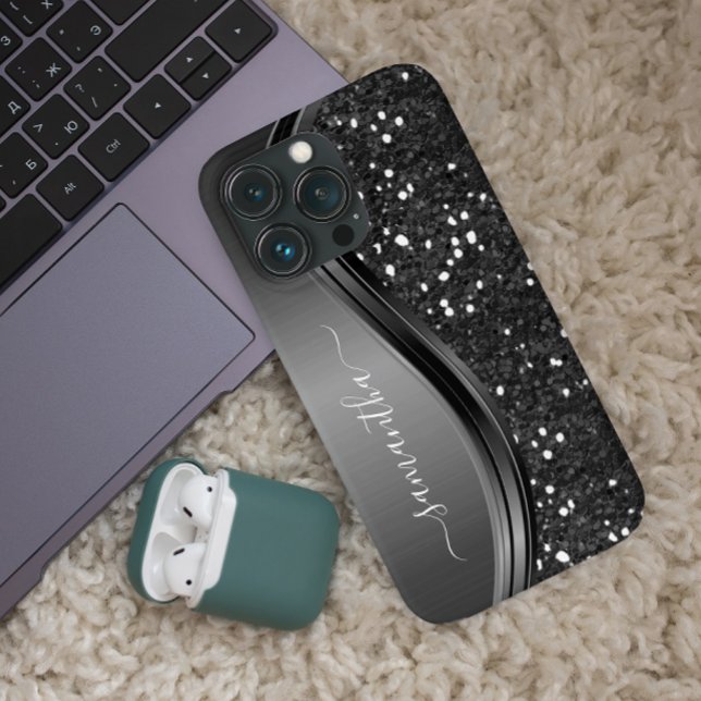 Handwritten Monogram Elegant Black Metal Glitter Case-Mate iPhone Case (Creator Uploaded)
