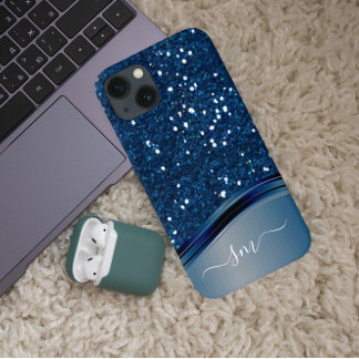 Handwritten Monogram Navy Blue Metal Glitter iPhone 12 Case
