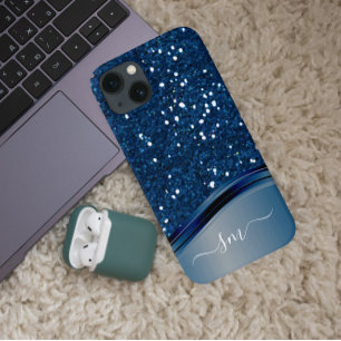 Handwritten Monogram Navy Blue  Metal Glitter iPhone 12 Case