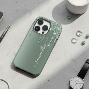 Handwritten Name Dark Green Metal Glitter Look Case-Mate iPhone 14 Pro Case