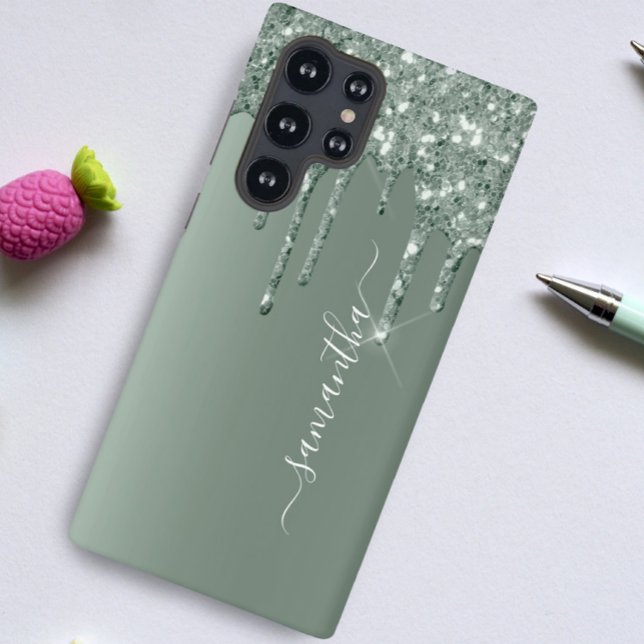 Handwritten Name Dark Green Metal Glitter Look Samsung Galaxy Case (Creator Uploaded)