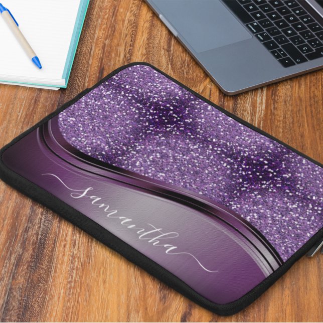 Handwritten Name Glam Purple Metal Glitter   Laptop Sleeve (Creator Uploaded)