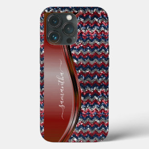 Handwritten Name Glam Red white blue Glitter iPhone 13 Pro Case