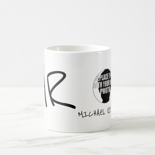 handwritten name & initials with photo b/w coffee mug (Center)