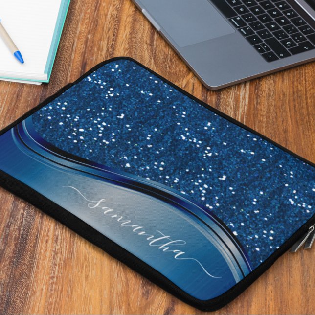 Handwritten Name Navy Blue  Metal Glitter  Laptop Sleeve (Creator Uploaded)