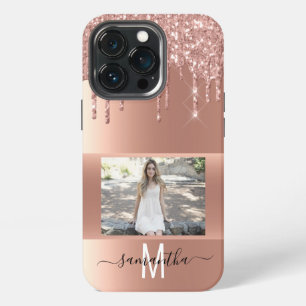 Handwritten Name Rose Gold Metal Glitter Photo iPhone 13 Pro Case
