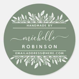 Handwritten Name Sage & White Botanical Handmade Classic Round Sticker
