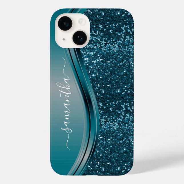 Handwritten Name Teal Blue  Metal Glitter 13  Case-Mate iPhone Case (Back)