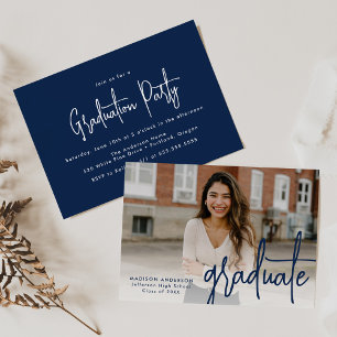 Handwritten Navy Script Photo Graduation Party Invitation