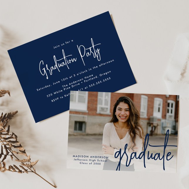 Handwritten Navy Script Photo Graduation Party Invitation (Creator Uploaded)