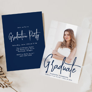 Handwritten Navy Script Photo Graduation Party Invitation