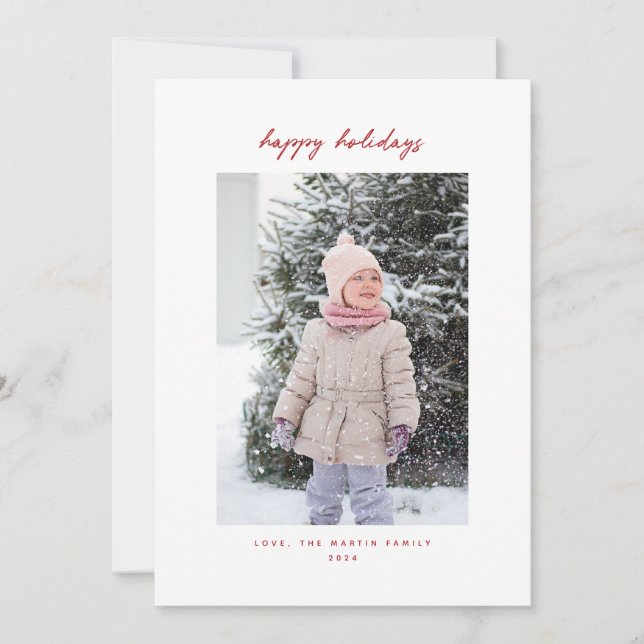 Handwritten Note Minimalist Red Holiday Photo Card (Front)