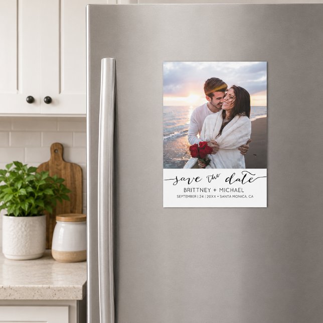Handwritten Photo Save the Date Magnetic Invitation (Timeless save the date magnet featuring elegant handwritten script typography and white bottom.)