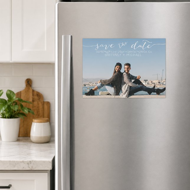 Handwritten Photo Save the Date Magnetic Invitation (Modern save the date magnet featuring elegant handwritten script and a fully customizable design.)