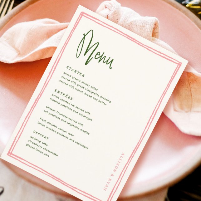Handwritten Pink and Green French Wedding Table  Menu (Creator Uploaded)