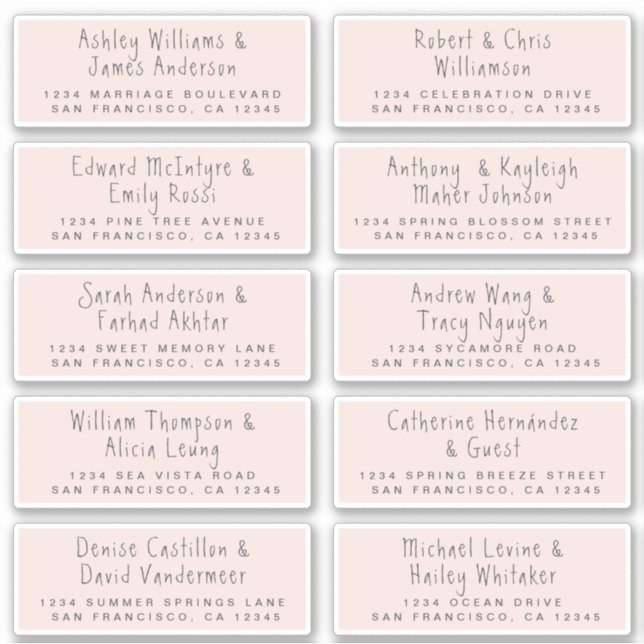 Handwritten Pink Wedding Guest Address Labels (Front)