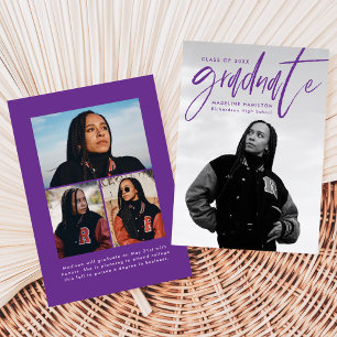 Handwritten Purple Brush Script 4 Photo Graduation Announcement