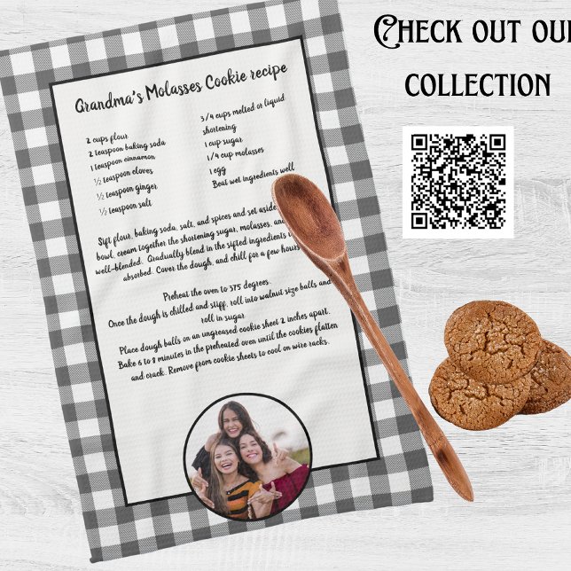 Handwritten Recipe Grey White Plaid Photo  Tea Towel (Creator Uploaded)