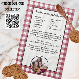 Handwritten Recipe Keepsake Burgundy Plaid Photo  Tea Towel