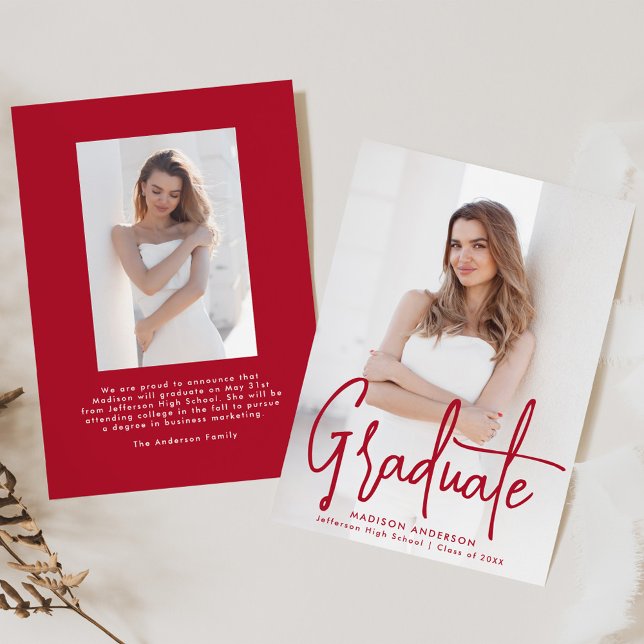 Handwritten Red Script 2 Photo Graduation Announcement (Creator Uploaded)