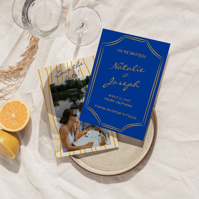 Handwritten Retro Pinstripe Italy Photo Wedding Save The Date (Creator Uploaded)