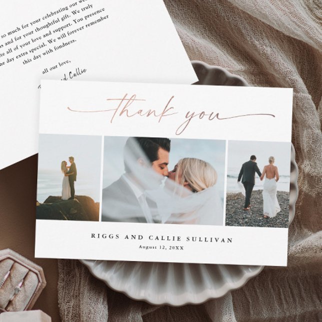 Handwritten Rose Gold Script Wedding Photo  Thank You Card (Elegant handwritten rose gold script wedding photo thank you cards.)