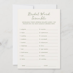Handwritten Sage Green Bridal Word Scramble Invitation