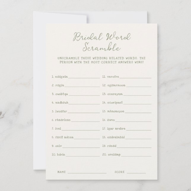 Handwritten Sage Green Bridal Word Scramble Invitation (Front)