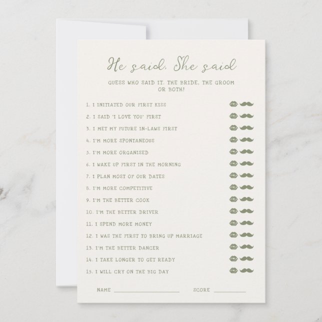 Handwritten Sage Green He said She said Card (Front)