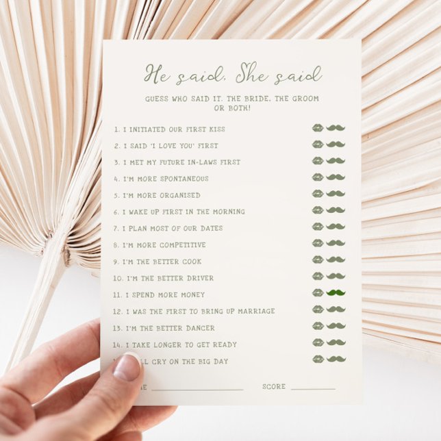 Handwritten Sage Green He said She said Card (Creator Uploaded)