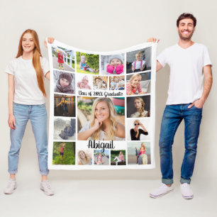 Handwritten Script 19 Photo Collage Graduate White Fleece Blanket
