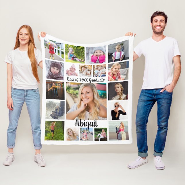 Handwritten Script 19 Photo Collage Graduate White Fleece Blanket (In Situ)