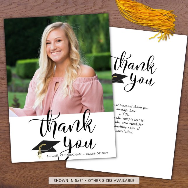 Handwritten Script Black & White Graduation Photo Thank You Card (Creator Uploaded)