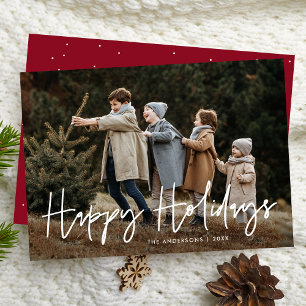Handwritten Script Burgundy Happy Holidays Photo Holiday Card