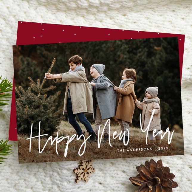 Handwritten Script Burgundy Happy New Year Photo Holiday Card (Creator Uploaded)