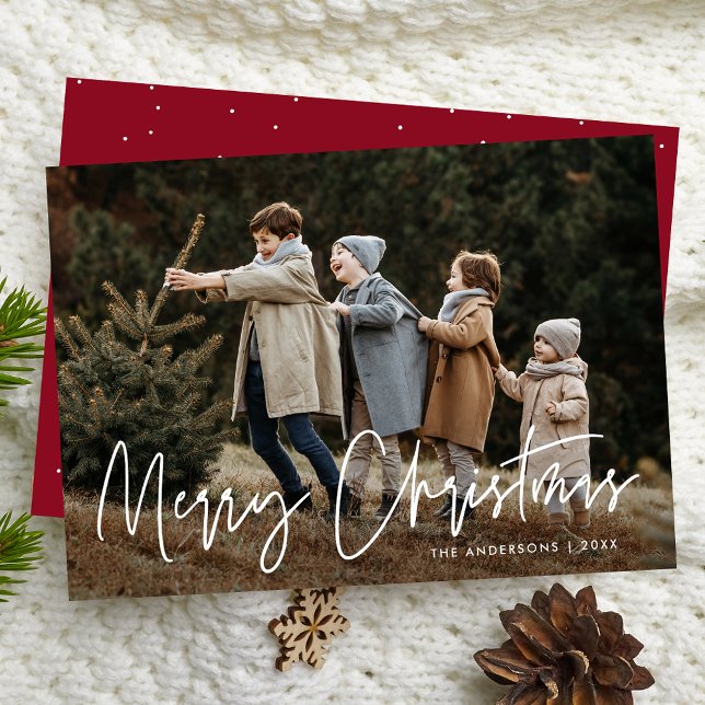 Handwritten Script Burgundy Merry Christmas Photo Holiday Card (Creator Uploaded)
