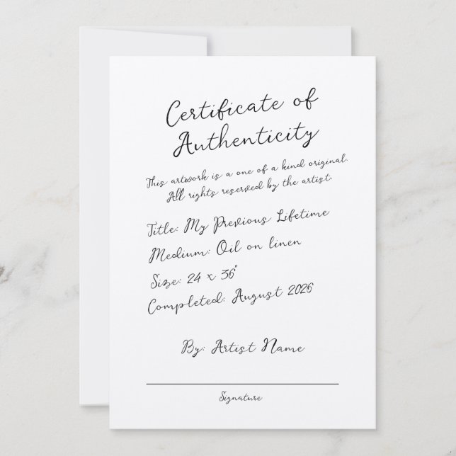 Handwritten Script Certificate of Authenticity Invitation (Front)