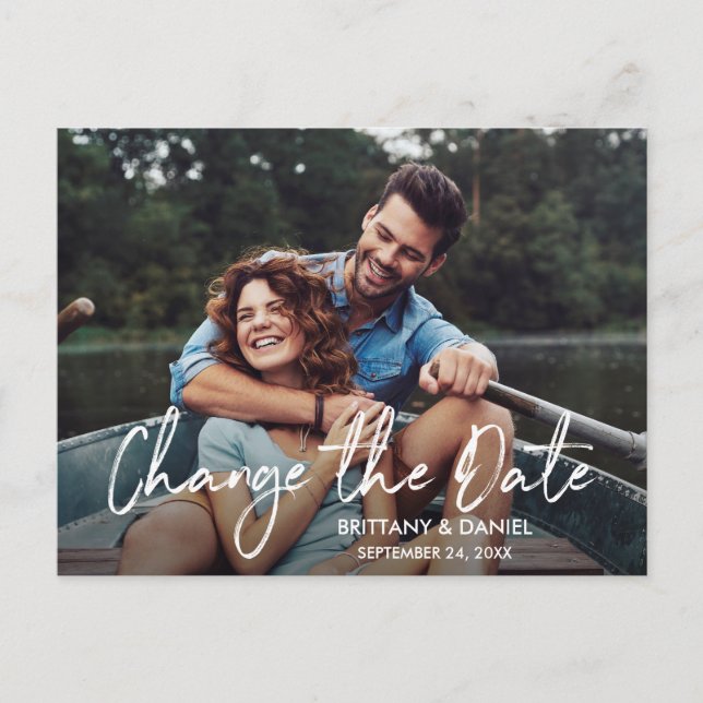 Handwritten Script Change The Date New Date Postcard (Front)