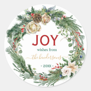 Handwritten Script Christmas Joy Wreath Name  Classic Round Sticker