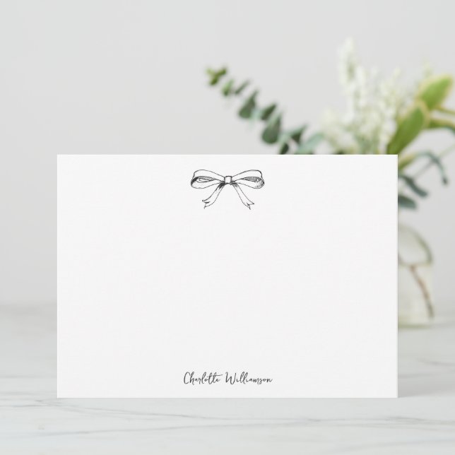Handwritten Script Coquette Bow Black and White Thank You Card (Standing Front)