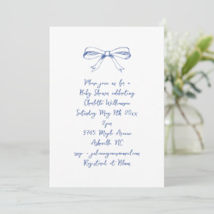 Handwritten Script Coquette Bow Blue Baby Shower Invitation