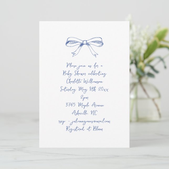Handwritten Script Coquette Bow Blue Baby Shower Invitation (Standing Front)