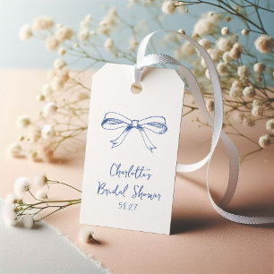 Handwritten Script Coquette Bow Blue Bridal Shower Gift Tags