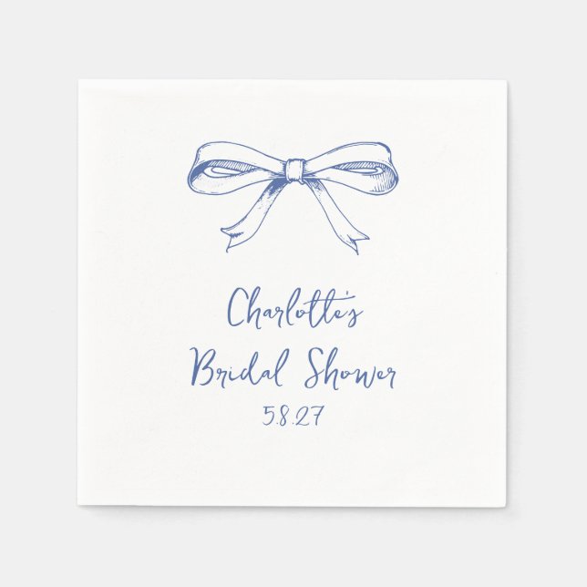 Handwritten Script Coquette Bow Blue Bridal Shower Napkin (Front)