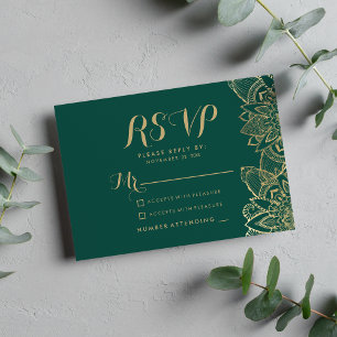 Handwritten script dark green gold mandala RSVP